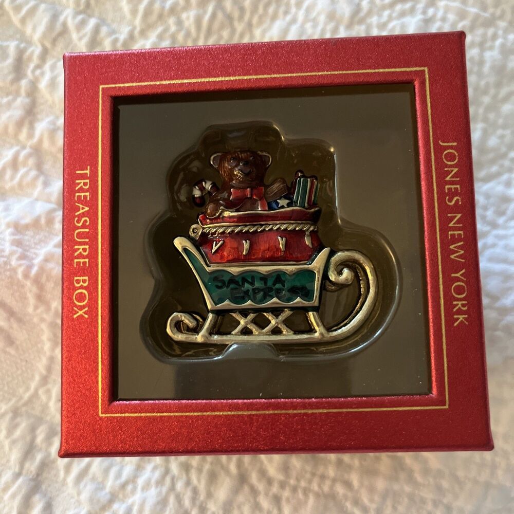 Jones New York Enamel Sleigh Santas Toys Hinged Treasure Trinket Pill Box